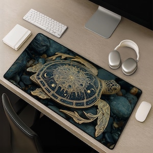 Sea Turtle Desk Mat - Celestial Gold Mandala Moon Phases on Black Ocean large mousepad gift for gamers artists and ocean lovers