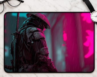 Cyber Samurai Schreibtischunterlage - Neonregen Samurai Art Gaming Schreibtischunterlage großes Mousepad Cyberpunk City Illustration für Gamer ästhetisches Set-up