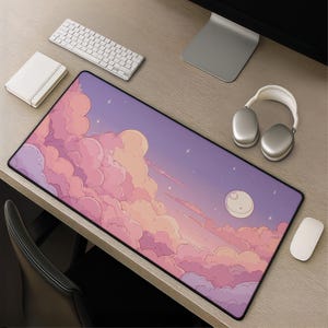 Dreamy Pastel Cloud Desk Mat - Kawaii Moon Stars Mousepad Colorful Pink Purple Sky Aesthetic Gaming Cute Mousepad Gift for Gaming Setups