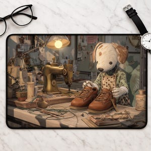 May include: Mousepad featuring a whimsical illustration of a dog-like character in a tailor shop. The scene includes a vintage sewing machine, leather boots, and various sewing tools, all set on a wooden table. The color palette is warm, with browns and golds.