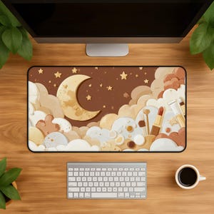 May include: A rectangular desk mat featuring a brown background with a large crescent moon, scattered stars, and fluffy clouds in shades of cream, beige, and tan. The design includes illustrations of makeup items like lipstick and brushes.