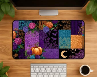 Dunkle Halloween Blumen Schreibtischmatte - Gothic Kürbis Mond Fledermaus Muster Gaming Maus Pad Gruseliges Büro Computer Geschenk für Halloween Liebhaber