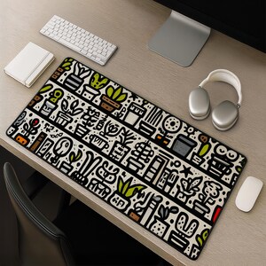 May include: A rectangular desk mat featuring a repeating pattern of potted plants and cacti in a black and white doodle style with accents of green, brown, and red. The design consists of various plant shapes in containers arranged in horizontal bands.