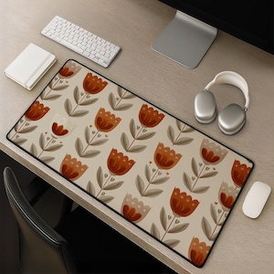 Retro Tulip Floral Desk Mat - Scandinavian Folk Pattern Mouse Pad Neutral Rust Brown Beige Workspace Decor And Gift Idea For Creative Setups