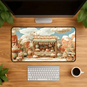 Boho pottery market desk mat - terracotta desert succulent mouse pad southwest pottery art for computer keyboard gaming setup gift