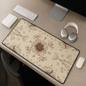 Alfombrilla de escritorio vintage con estampado floral de margaritas - Alfombrilla de ratón botánica beige neutra con estampado floral grande para teclado de ordenador - Regalo para ella - Decoración de escritorio