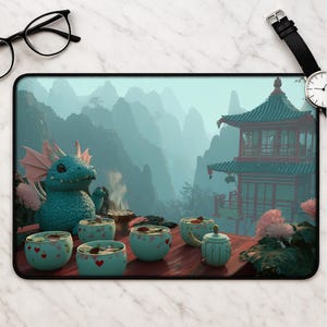 Small textured dragon with delicate wings sits among steaming tea cups and scattered petals.