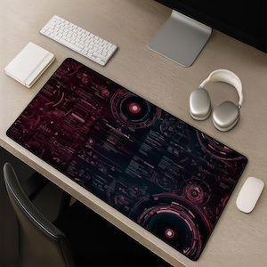 May include: A rectangular desk mat featuring a dark, high-tech digital interface design with glowing red and blue circular HUD elements, data lines, and abstract technical patterns printed across the entire surface of the black fabric mat.