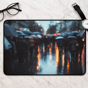Rainy Street Desk Mat, Umbrella Crowd Mousepad, Wet Pavement Reflections, Moody City Lights, Urban Rain Office Decor, Blue Orange Glow