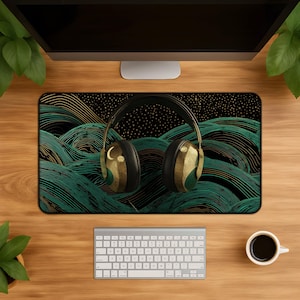 Tapis de bureau Casque audio or émeraude, Tapis de souris Soleil et Lune célestes, Tapis de bureau Art nouveau à motif vague, Tapis de souris Musique noir et vert de luxe