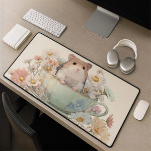 Cute Hamster Floral Desk Mat - Pastel Kawaii Mousepad with Watercolor Teacup Daisies Art Cute Desk Decor Gift for Hamster Lovers