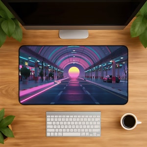 Neon Synthwave Desk Mat Retro Car - Gaming Mouse Pad XL Vaporwave Cityscape Neon Sunset Aesthetic Desk Decor Gift for Gamers Fans