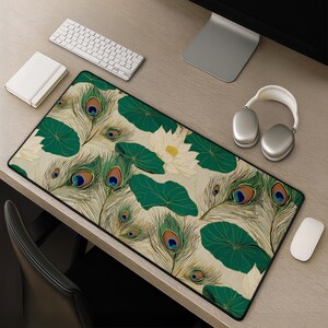 Peacock Feather Lotus Desk Mat, Green Gold Floral Mousepad, Art Deco Botanical Pattern, Lily Pad Leaf Keyboard Mat, Large Mouse Pad