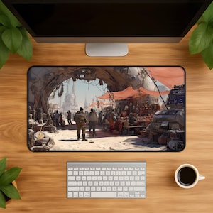 May include: A rectangular mouse pad featuring a detailed, colorful illustration of a bustling marketplace under a large archway. Figures in the foreground are walking through the market. The background shows tall buildings and a red awning.