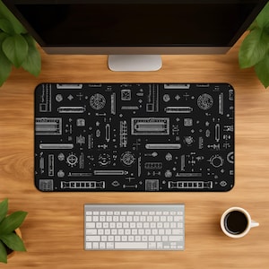 Engineering Blueprint Desk Mat, Technical Drafting Mousepad with Rulers, Compass Marks, Grid Diagrams, Schematic Linework Art
