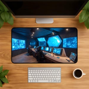 Control Room desk mat - Futuristic holographic space command design for gaming workstation and office with blue starfield displays