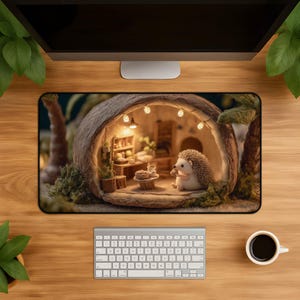 May include: A rectangular desk mat featuring a printed illustration of a small hedgehog sitting inside a cozy, hollowed-out log dwelling. The interior is illuminated by warm string lights and contains miniature wooden furniture and small potted plants.
