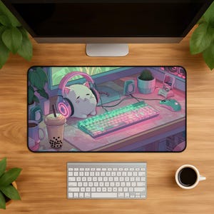 Kawaii Cat Gamer Desk Mat - Pastel Neon Gaming Mouse Pad Cute Anime Aesthetic Colorful Desk Accessory Gift for Gamers Cat Lovers