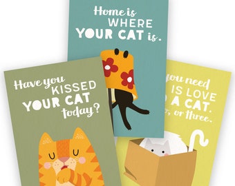 CAT LOVER postcard set, cat postcards, set of 3 postcards, cat illustration, cat drawing, vector art
