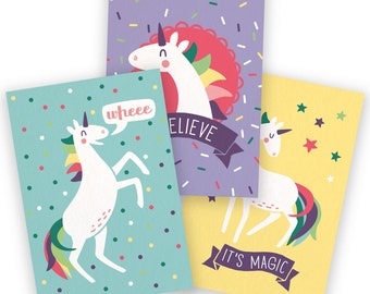 UNICORN LOVER postcard set, unicorn postcards, set of 3 postcards, unicorn illustration, unicorn drawing, vector art