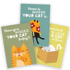 CAT LOVER postcard set, cat postcards, set of 3 postcards, cat illustration, cat drawing, vector art image 1