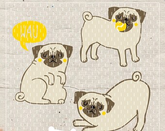 Cut File set Three Pugs, SVG, DXF, die cut, file for Cameo, Silhouette, Brother, Cricut