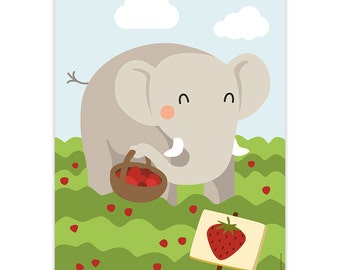 Elephant, art print, 8,3" x 11,7", poster, wall decoration, children's room, strawberries, kids, animals, playroom