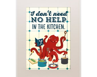 Octopus Kitchen Poster 11"x16", Le Chef, Cooking Octopus, Art Print, Animal Art Print, Illustration, Vector Art, Kitchen Poster