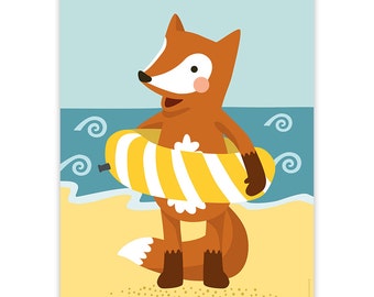 Fox on the beach, art print, 8,3" x 11,7", poster, wall decoration, children's room, swimming fox, swim ring, kids, animals, playroom