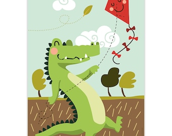 Crocodile, art print, 8,3" x 11,7", poster, wall decoration, children's room, kids, animals, playroom, crocodile with kite, autumn