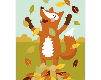 Fox in the leaves, art print, 8,3" x 11,7", poster, wall decoration, children's room, playing fox, swim ring, kids, animals, playroom