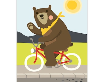 Bear, art print, 8,3" x 11,7", poster, wall decoration, children's room, cycling bear, bike, bicycle, kids, animals, playroom