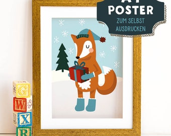 Printable animal poster "Fox in winter", Nursery decor, Nursery wall art, Animal prints for nursery, DIGITAL DOWNLOAD