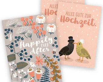 2 x 2 WEDDING CARDS set, 4 wedding folded cards, set of 4 postcards, cute animal illustration, flowers, animal drawing, vector art