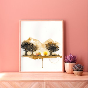 Print Camping adventures painted with coffee and watercolor