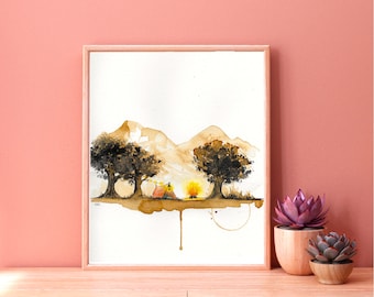 Print Camping adventures painted with coffee and watercolor