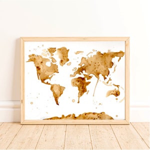 Print Wereldkaart beschilderd met koffie kunstprints cadeau-ideeën