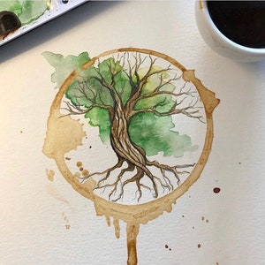 Print Tree of Life Coffee and watercolor painting art print