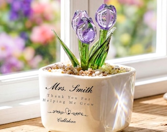 Maceta de cristal con forma de tulipán, planta de cristal personalizada, planta de cristal soplado a mano en maceta, maceta con nombre personalizado, regalo de inauguración de casa, regalo para mamá