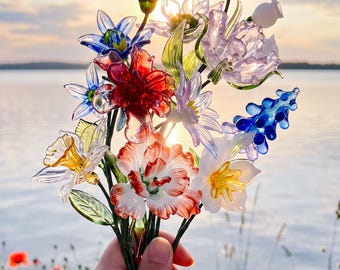 Handmade Glass Flower Bouquet, Glass Flower With Thin Wire Stem,Glass Floral Desk Decor