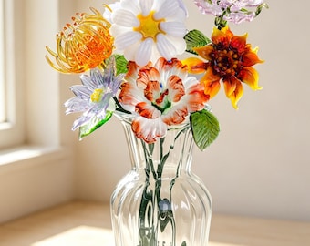 Hand Blown Glass Flower Bouquet, Flower With Thin Wire Stem, Glass Floral Desk Decor