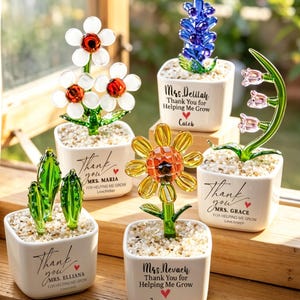 May include: Five small white ceramic square planters containing glass flowers and cacti. Each planter features black text reading Thank you for helping me grow with a red heart and a name. The glass plants include white daisies, a blue hyacinth, a yellow sunflower, green cacti, and pink bell-shaped flowers.