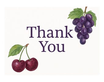 Tarjeta de agradecimiento con cerezas negras y uvas – Diseño de acuarela imprimible – Descarga digital instantánea – Nota elegante morada
