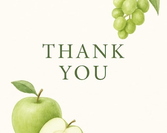 Tarjeta de agradecimiento de manzana verde y uva – Nota de fruta imprimible – Papelería verde acuarela – Descarga digital – Tarjeta PDF de 5x7
