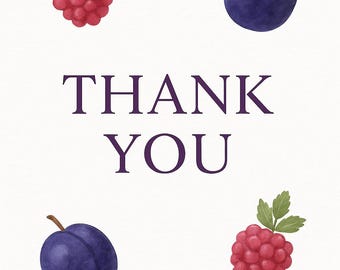 Tarjeta de agradecimiento de frambuesa y ciruela – Papelería de frutas imprimible de 5x7 – Elegante PDF de acuarela – Descarga digital instantánea