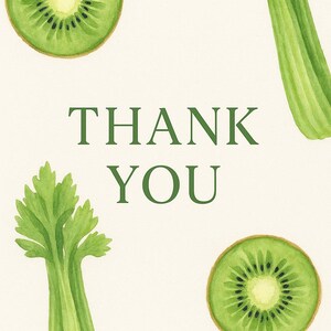 May include: Watercolor illustration of a card with the words "THANK YOU" in green. The card features green kiwi slices and celery stalks on a cream background. The design has a fresh, natural aesthetic.