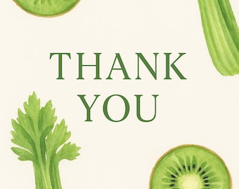Tarjeta de agradecimiento de kiwi verde y apio – Diseño de acuarela – Tarjeta imprimible en PDF de 5x7 – Descarga digital instantánea – Papelería verde