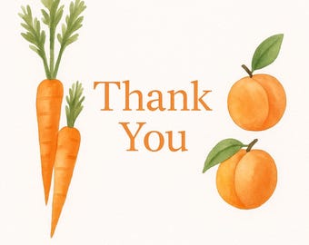 Tarjeta de agradecimiento con zanahorias y melocotones – Diseño imprimible de frutas y verduras de color naranja – Descarga instantánea – Tarjeta de acuarela de 5x7 (PDF)