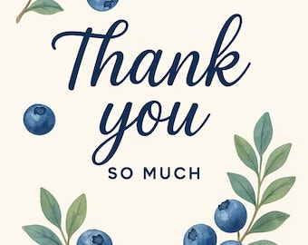 Tarjeta de agradecimiento de arándanos – Diseño de fruta en acuarela imprimible – Descarga digital instantánea – "Muchísimas gracias"