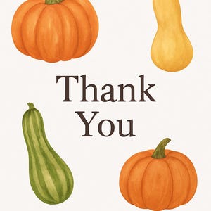 Pumpkin & Squash Thank You Card – Fall Harvest Printable – Watercolor 5x7 Card PDF – Instant Download – Rustic Autumn Stationery